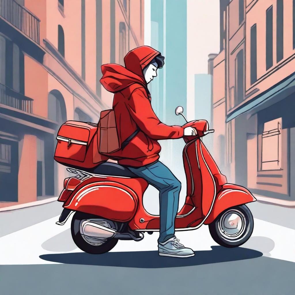 A high-quality digital art poster for a mystery series featuring a delivery guy wearing a red hoodie, blue jeans, and a backpack