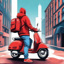 A high-quality digital art poster for a mystery series featuring a delivery guy wearing a red hoodie, blue jeans, and a backpack