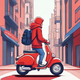 A high-quality digital art poster for a mystery series featuring a delivery guy wearing a red hoodie, blue jeans, and a backpack