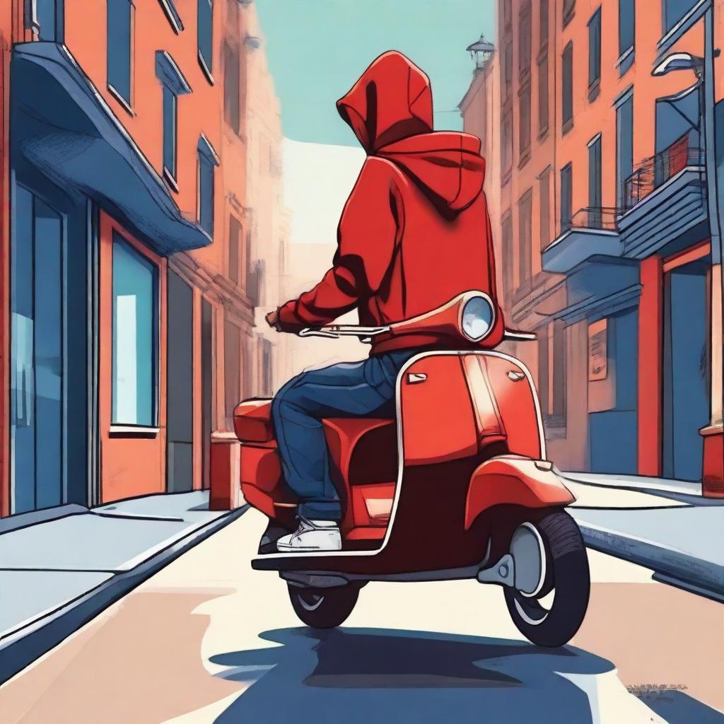 A high-quality digital art poster for a mystery series featuring a delivery guy wearing a red hoodie, blue jeans, and a backpack