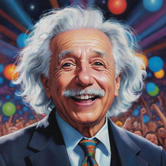 A lively depiction of Albert Einstein joyfully attending a Coldplay concert, with colorful stage lights and crowd in the background.