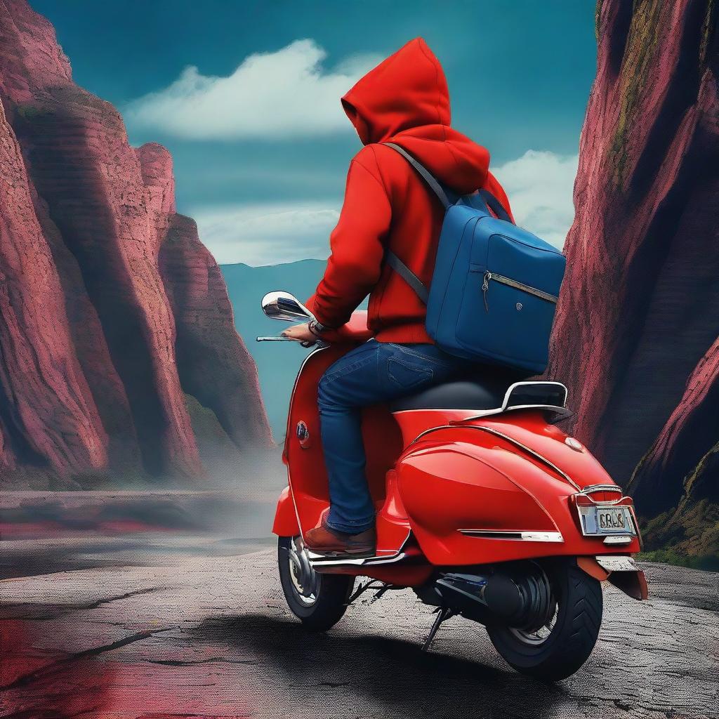 A dynamic digital art crime movie poster featuring a delivery guy wearing a red hoodie, blue jeans, and a backpack