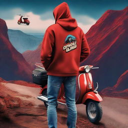 A dynamic digital art crime movie poster featuring a delivery guy wearing a red hoodie, blue jeans, and a backpack