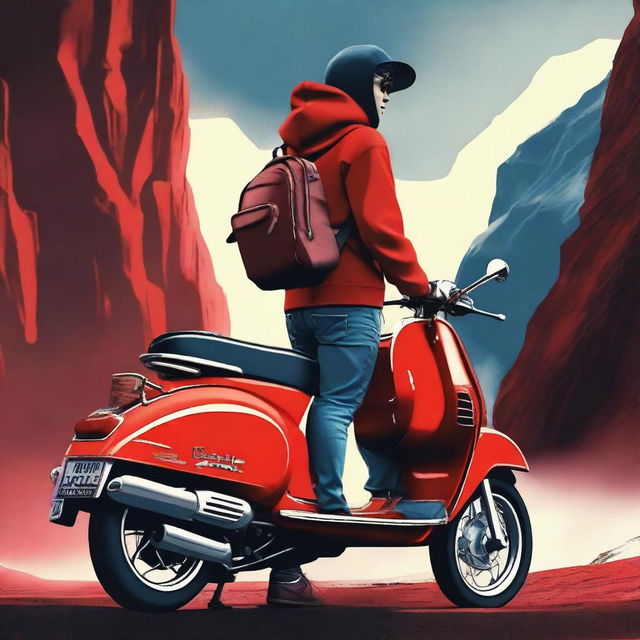 A dynamic digital art crime movie poster featuring a delivery guy wearing a red hoodie, blue jeans, and a backpack