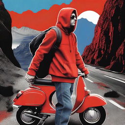 A dynamic collage-style crime movie poster featuring a delivery guy wearing a red hoodie, blue jeans, and a backpack