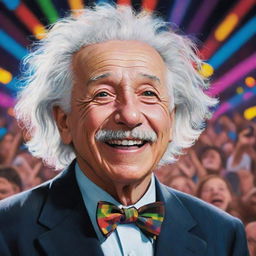 A lively depiction of Albert Einstein joyfully attending a Coldplay concert, with colorful stage lights and crowd in the background.