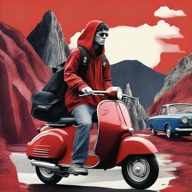 A dynamic collage-style crime movie poster featuring a delivery guy wearing a red hoodie, blue jeans, and a backpack