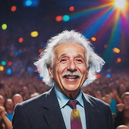 A lively depiction of Albert Einstein joyfully attending a Coldplay concert, with colorful stage lights and crowd in the background.