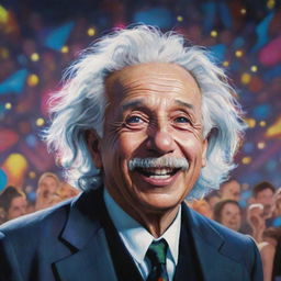 A lively depiction of Albert Einstein joyfully attending a Coldplay concert, with colorful stage lights and crowd in the background.