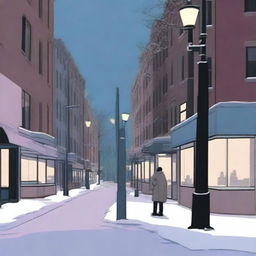 A lofi album cover art depicting a New York City street corner during the bleak winter twilight