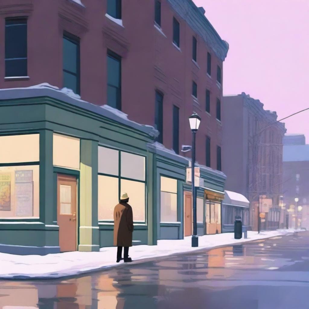 A lofi album cover art depicting a New York City street corner during the bleak winter twilight