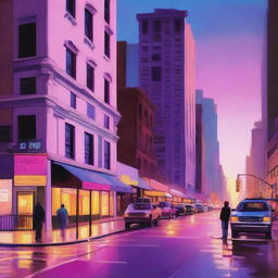 A vibrant depiction of a New York City street corner during twilight, with a color palette dominated by pinks, purples, and yellows