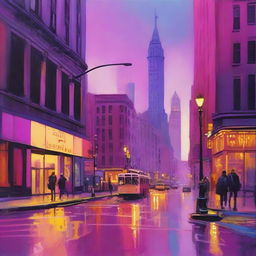 A vibrant depiction of a New York City street corner during twilight, with a color palette dominated by pinks, purples, and yellows