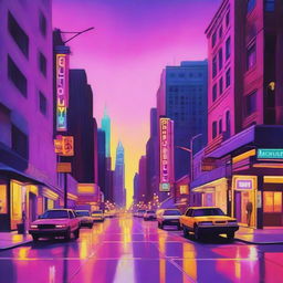 A vibrant depiction of a New York City street corner during twilight, with a color palette dominated by pinks, purples, and yellows