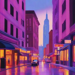 A vibrant depiction of a New York City street corner during twilight, with a color palette dominated by pinks, purples, and yellows