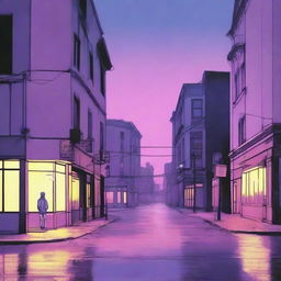 A dreary city street corner during twilight, depicted in subdued tones of blues, pinks, purples, and yellows