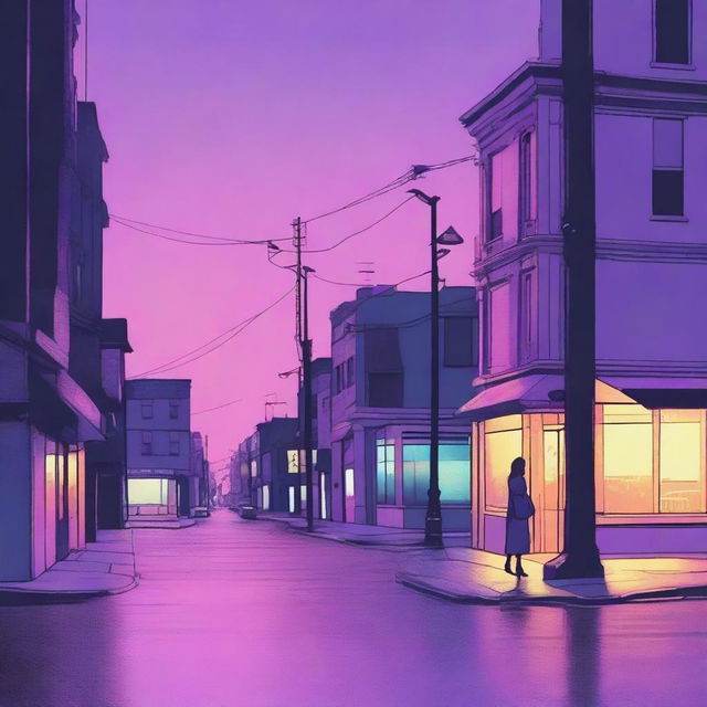 A dreary city street corner during twilight, depicted in subdued tones of blues, pinks, purples, and yellows