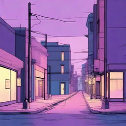 A dreary city street corner during twilight, depicted in subdued tones of blues, pinks, purples, and yellows