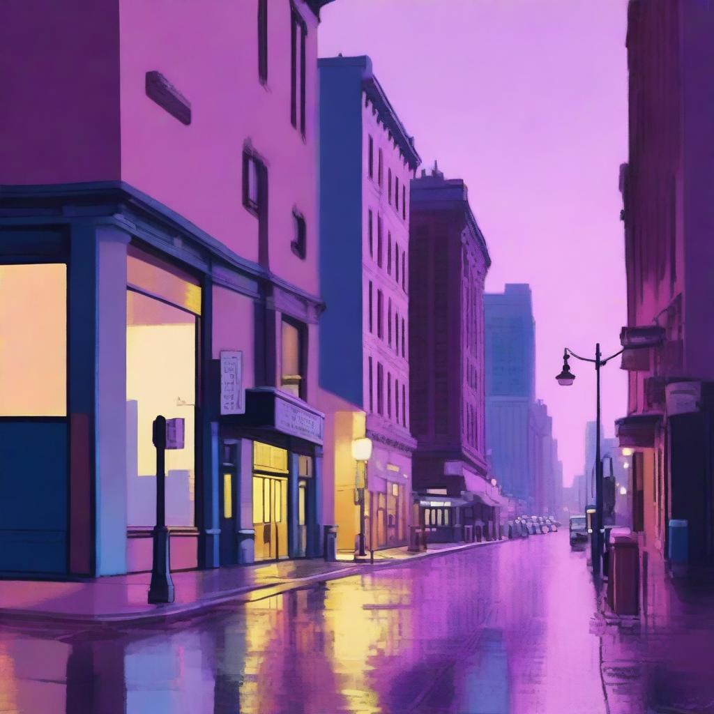 A dreary New York City street corner during twilight, depicted in subdued tones of blues, pinks, purples, and yellows