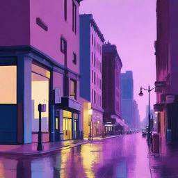 A dreary New York City street corner during twilight, depicted in subdued tones of blues, pinks, purples, and yellows