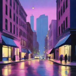 A dreary New York City street corner during twilight, depicted in subdued tones of blues, pinks, purples, and yellows