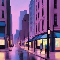 A dreary New York City street corner during twilight, depicted in subdued tones of blues, pinks, purples, and yellows