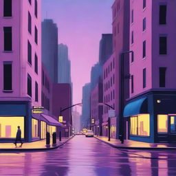 A dreary New York City street corner during twilight, depicted in subdued tones of blues, pinks, purples, and yellows