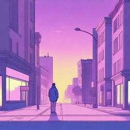 A lonely guy standing on a New York City street corner during twilight, depicted in subdued tones of blues, pinks, purples, and yellows