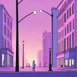 A lonely guy standing on a New York City street corner during twilight, depicted in subdued tones of blues, pinks, purples, and yellows