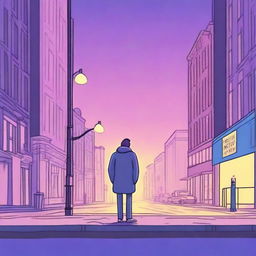 A lonely guy standing on a New York City street corner during twilight, depicted in subdued tones of blues, pinks, purples, and yellows