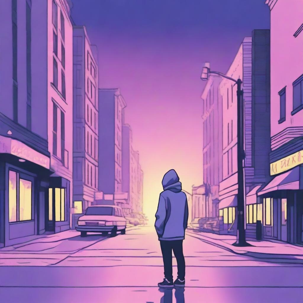 A lonely guy in a hoodie standing on a New York City street corner during twilight, depicted in subdued tones of blues, pinks, purples, oranges, and yellows