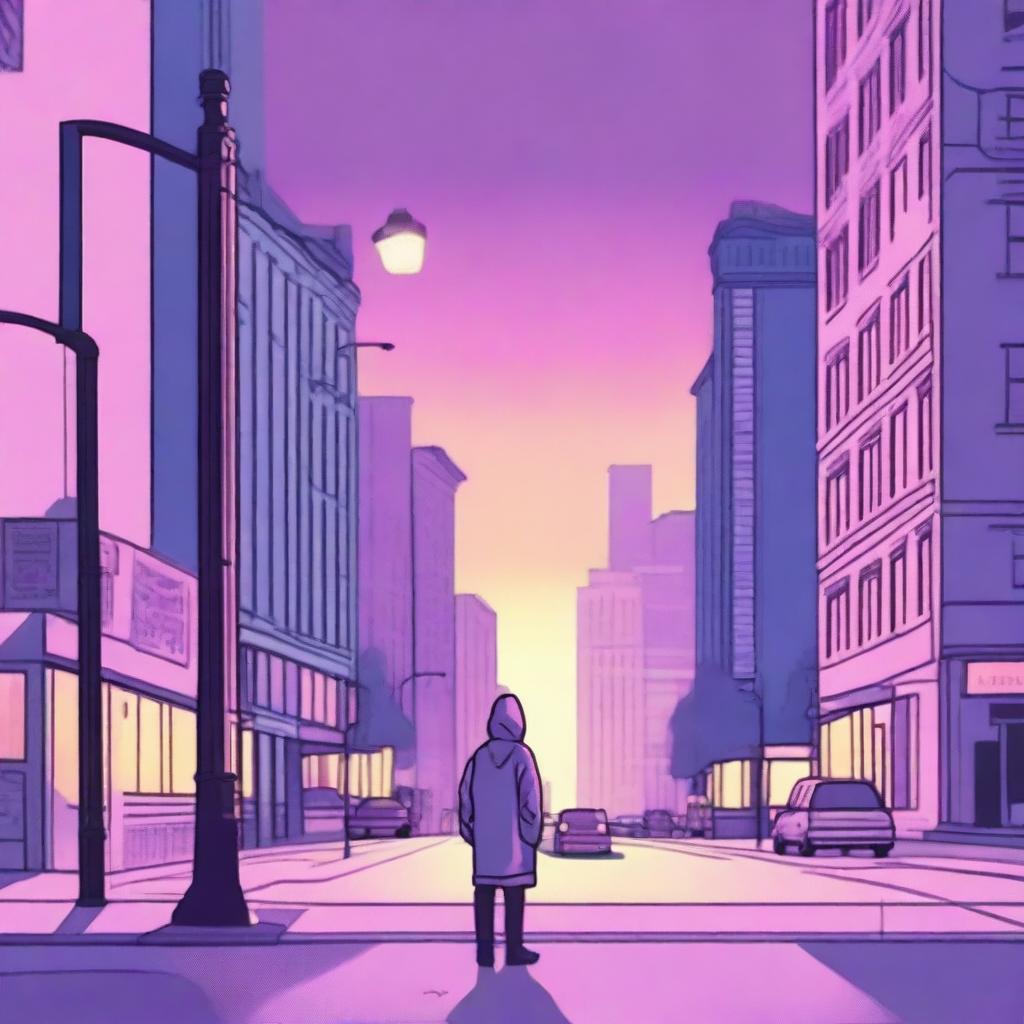 A lonely guy in a hoodie standing on a New York City street corner during twilight, depicted in subdued tones of blues, pinks, purples, oranges, and yellows