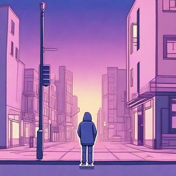 A lonely guy in a hoodie standing on a New York City street corner during twilight, depicted in subdued tones of blues, pinks, purples, oranges, and yellows