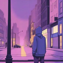 A lonely guy in a hoodie standing on a New York City street corner during twilight, depicted in subdued tones of blues, pinks, purples, oranges, and yellows