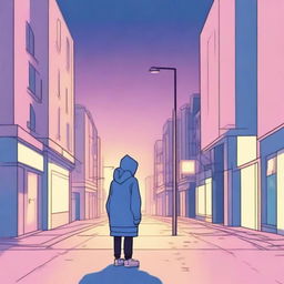 A lonely guy in a hoodie standing on a very urban street corner during twilight, depicted in subdued tones of blues, pinks, oranges, and yellows