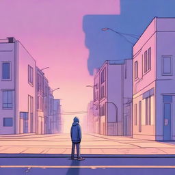 A lonely guy in a hoodie standing on a very urban street corner during twilight, depicted in subdued tones of blues, pinks, oranges, and yellows