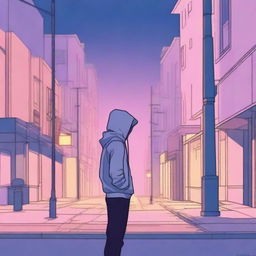 A lonely guy in a hoodie standing on a very urban street corner during twilight, depicted in subdued tones of blues, pinks, oranges, and yellows