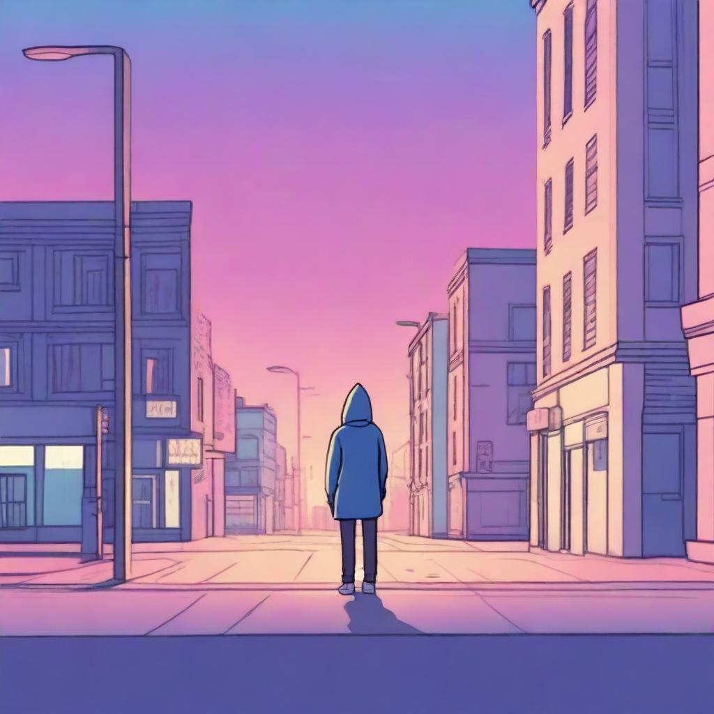 A lonely guy in a hoodie standing on a very urban street corner during twilight, depicted in subdued tones of blues, pinks, oranges, and yellows