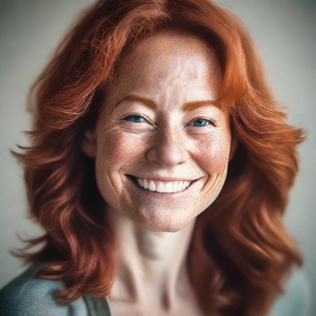 A detailed portrait of a mature redhead woman with freckles