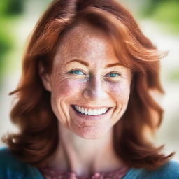 A detailed portrait of a mature redhead woman with freckles