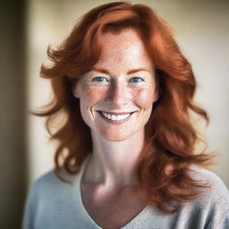 A detailed portrait of a mature redhead woman with freckles