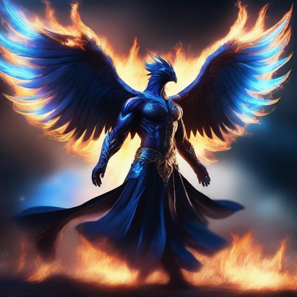 A humanoid man with wings of a majestic phoenix made of black and blue flames