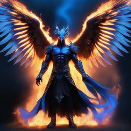 A humanoid man with wings of a majestic phoenix made of black and blue flames