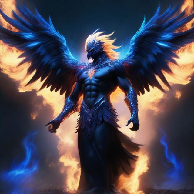 A humanoid man with wings of a majestic phoenix made of black and blue flames