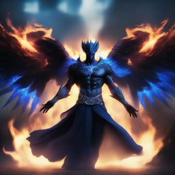 A humanoid man with wings of a majestic phoenix made of black and blue flames