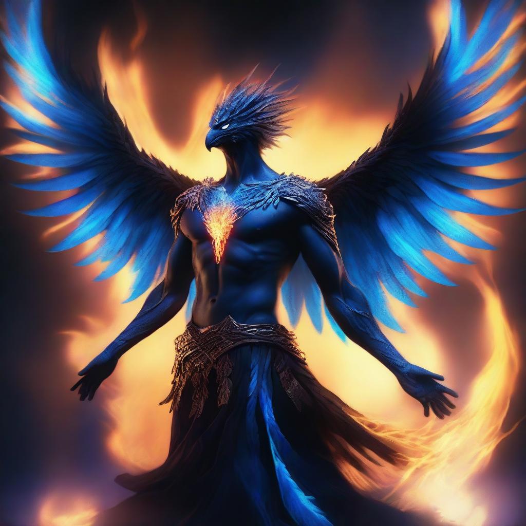 A humanoid man with a human face and wings of a majestic phoenix made of black and blue flames