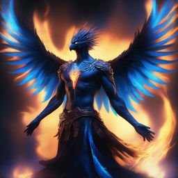 A humanoid man with a human face and wings of a majestic phoenix made of black and blue flames