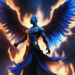 A humanoid man with a human face and wings of a majestic phoenix made of black and blue flames