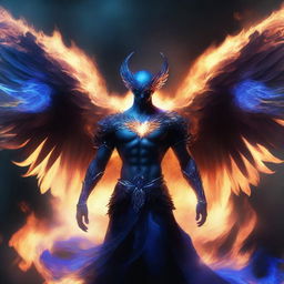 A humanoid man with a human face and wings of a majestic phoenix made of black and blue flames