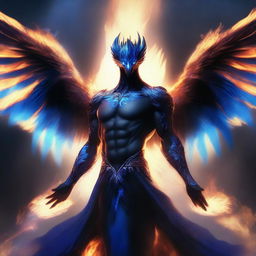 A humanoid man with a human face and wings of a majestic phoenix made of black and blue flames